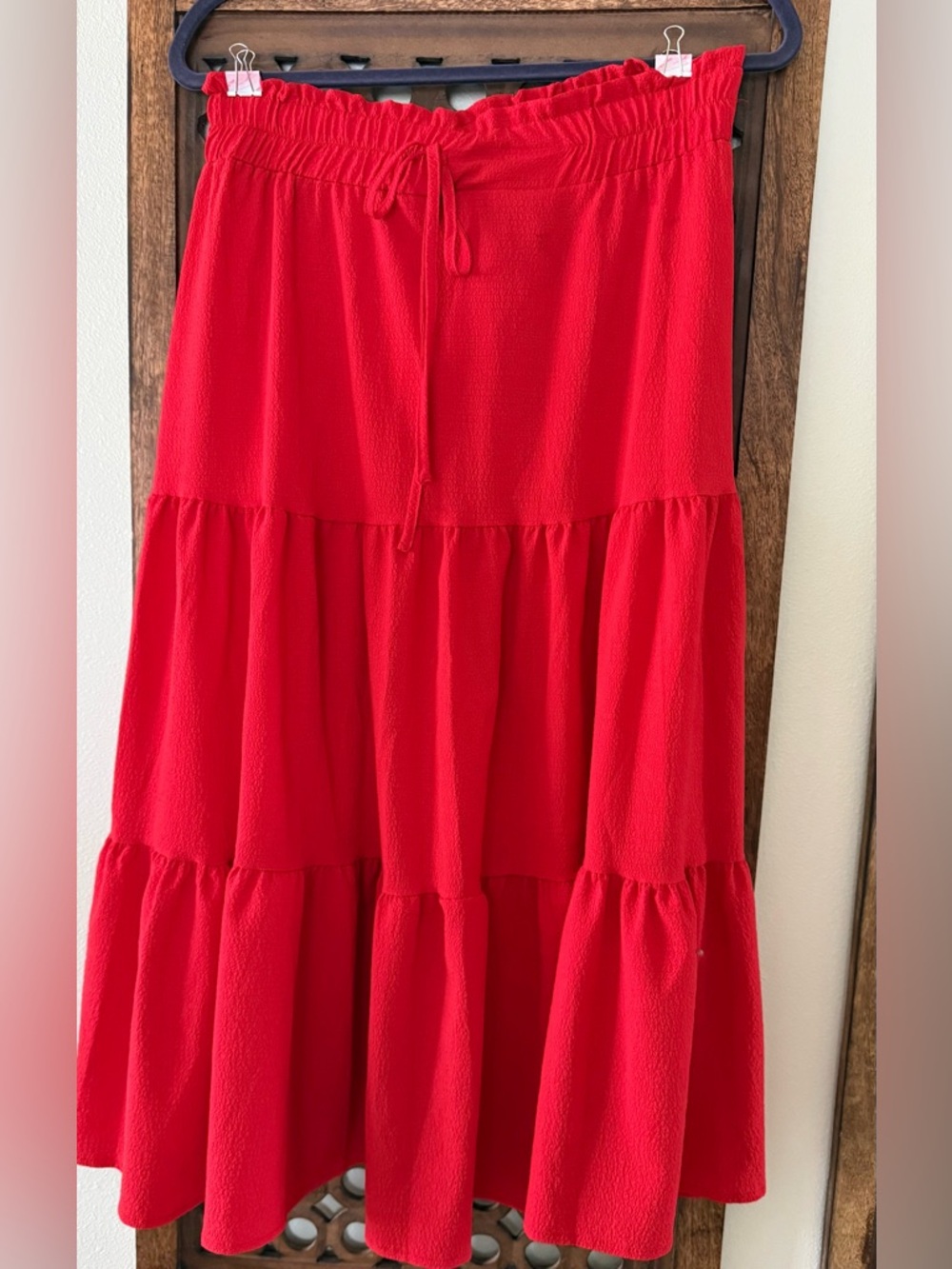 SHEIN Red Tiered Maxi Skirt with Drawstring Waist